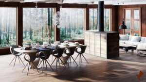 Thiết kế kiến trúc nội thất không gian phòng ăn với view thông thoáng cây xannh