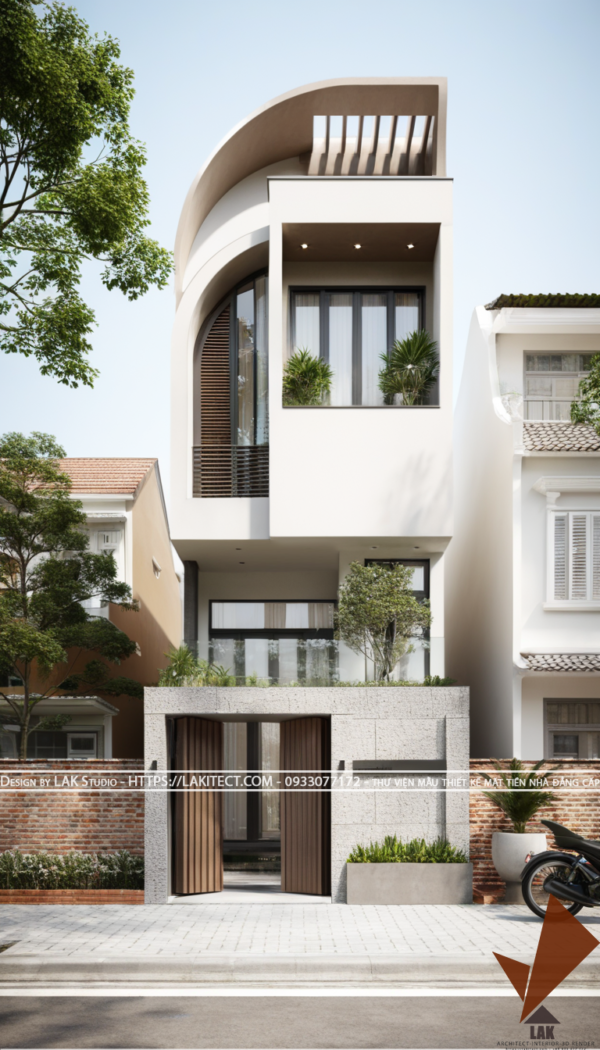 Thiết kế mặt tiền nhà phố 5m hiện đại đẹp, sang trọng ấn tượng với khối độc đáo, chuẩn tỉ lệ vàng