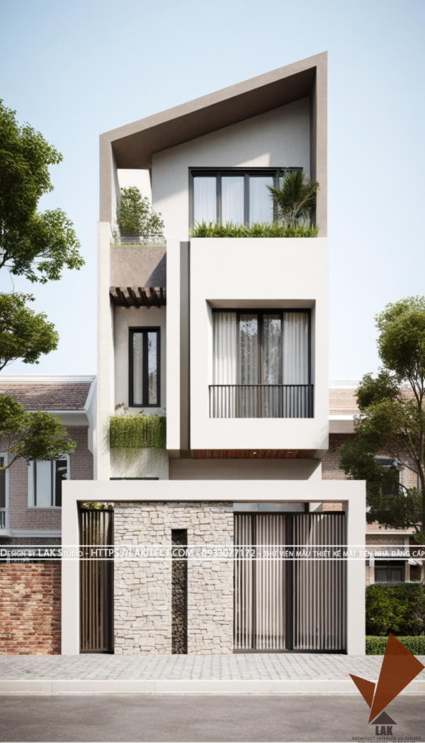 Thiết kế mặt tiền nhà phố 5m hiện đại đẹp, sang trọng ấn tượng với khối mái xéo, tỉ lệ vàng