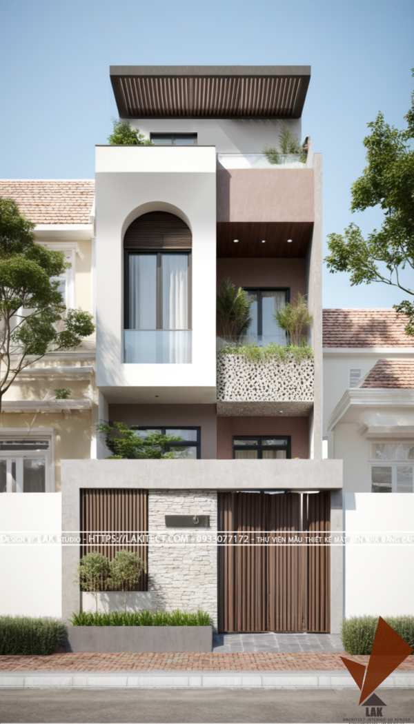 Thiết kế mặt tiền nhà phố 5m hiện đại đẹp, sang trọng ấn tượng với khối độc đáo, chuẩn tỉ lệ vàng