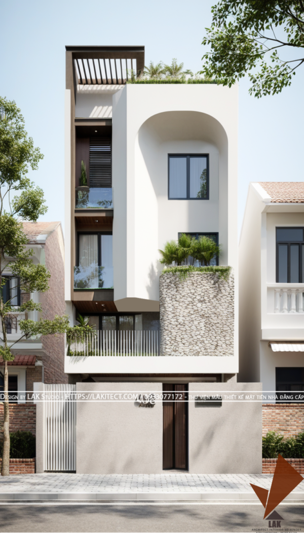 Thiết kế mặt tiền nhà phố 5m hiện đại đẹp, sang trọng ấn tượng với khối độc đáo, chuẩn tỉ lệ vàng