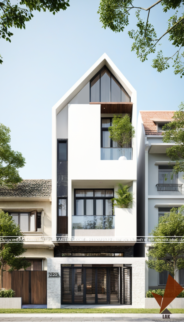 Thiết kế mặt tiền nhà phố 5m hiện đại đẹp, sang trọng ấn tượng với khối mái chữ A xéo, tỉ lệ vàng