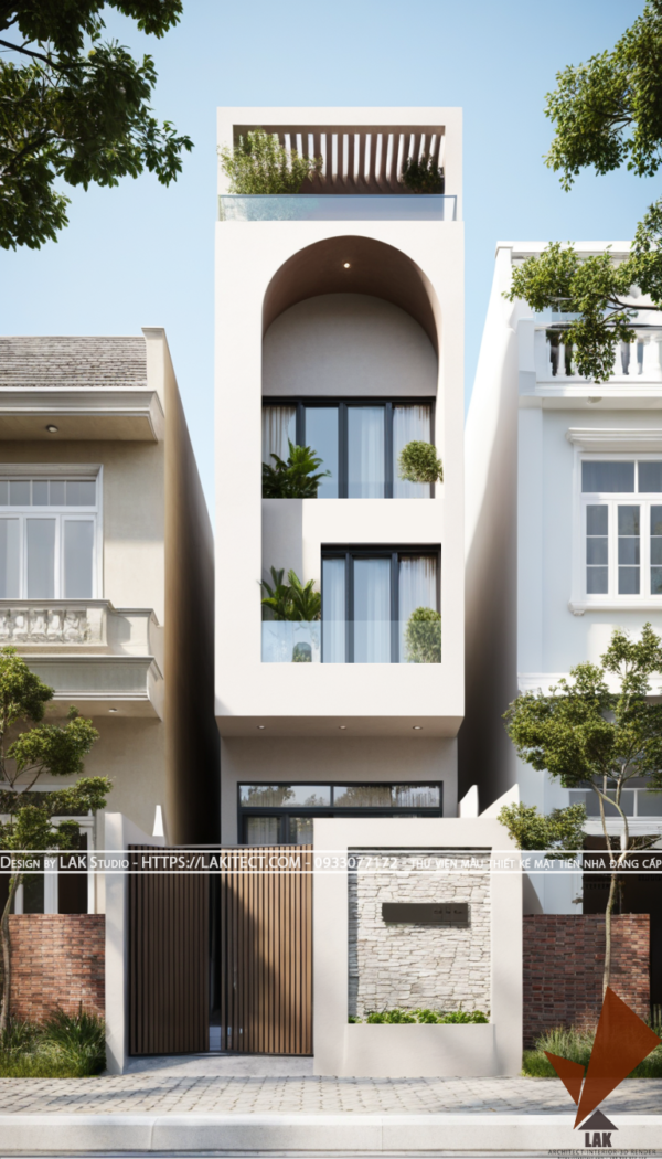 Thiết kế mặt tiền nhà phố 5m hiện đại đẹp, sang trọng ấn tượng với khối độc đáo, chuẩn tỉ lệ vàng