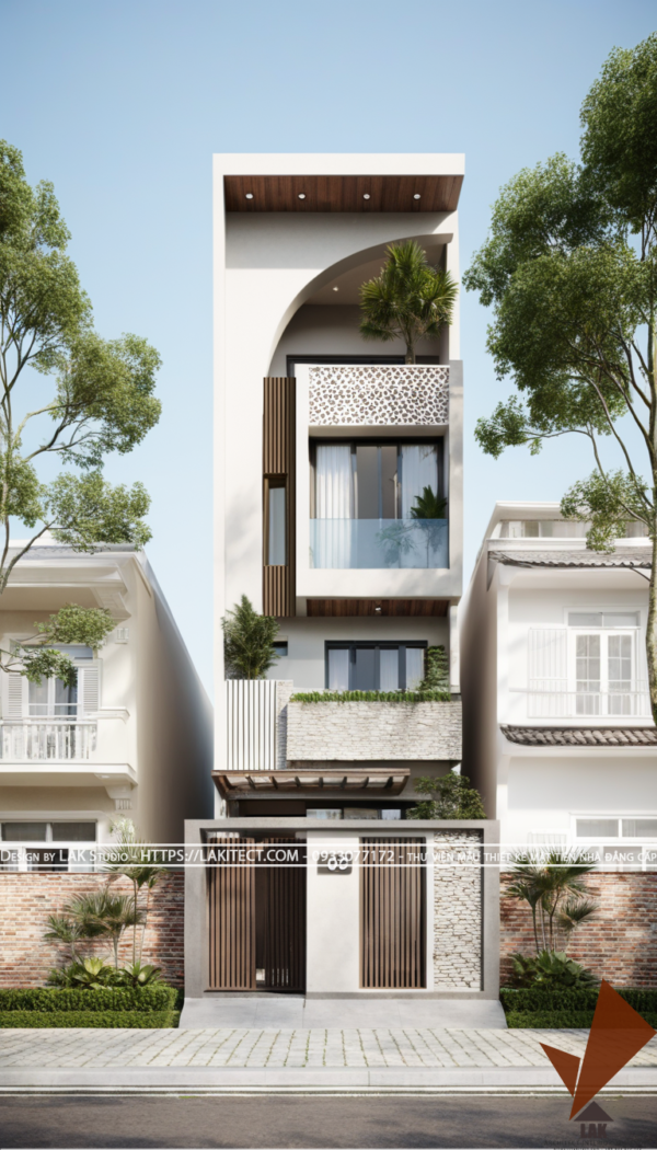 Thiết kế mặt tiền nhà phố 5m hiện đại đẹp, sang trọng ấn tượng với khối độc đáo, chuẩn tỉ lệ vàng