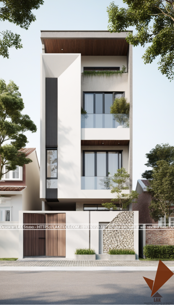 Thiết kế mặt tiền nhà phố 5m hiện đại đẹp, sang trọng ấn tượng với khối độc đáo, chuẩn tỉ lệ vàng