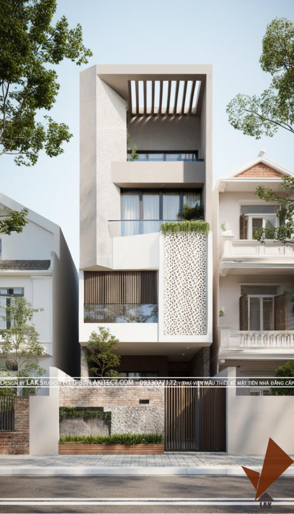 Thiết kế mặt tiền nhà phố 5m hiện đại đẹp, sang trọng ấn tượng với khối độc đáo, chuẩn tỉ lệ vàng