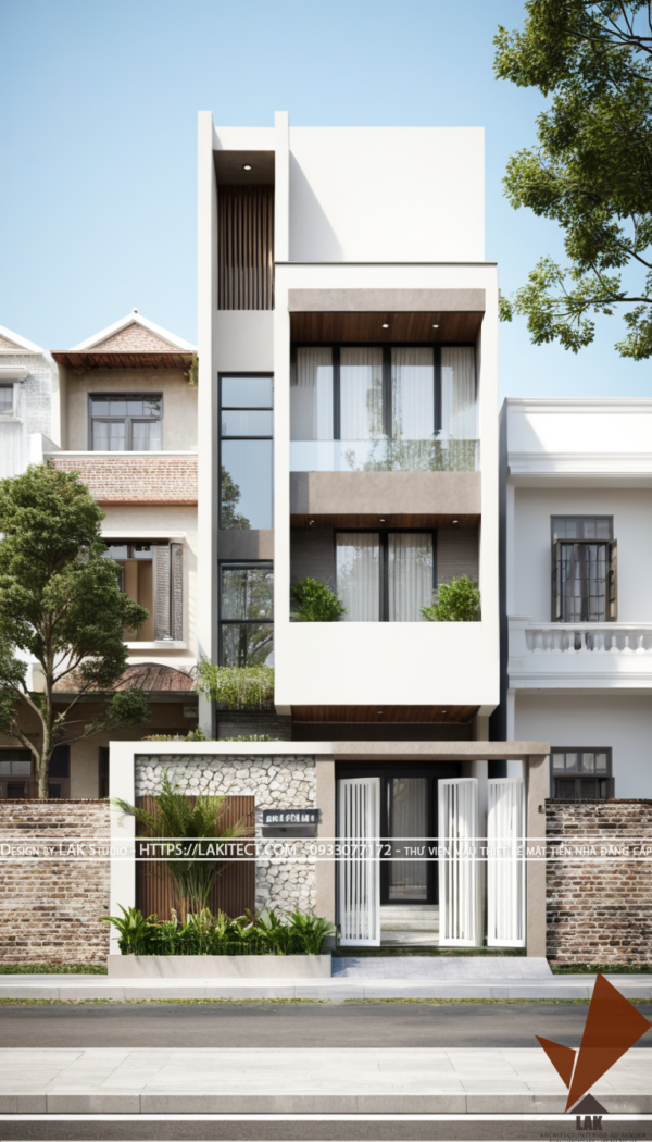 Thiết kế mặt tiền nhà phố 5m hiện đại đẹp, sang trọng ấn tượng với khối gọn gàng, chuẩn tỉ lệ vàng