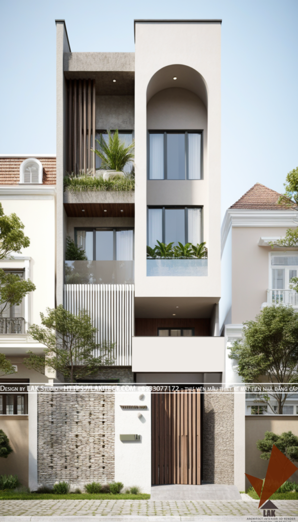 Thiết kế mặt tiền nhà phố 5m hiện đại đẹp, sang trọng ấn tượng với khối gọn gàng, cửa vòm tròn