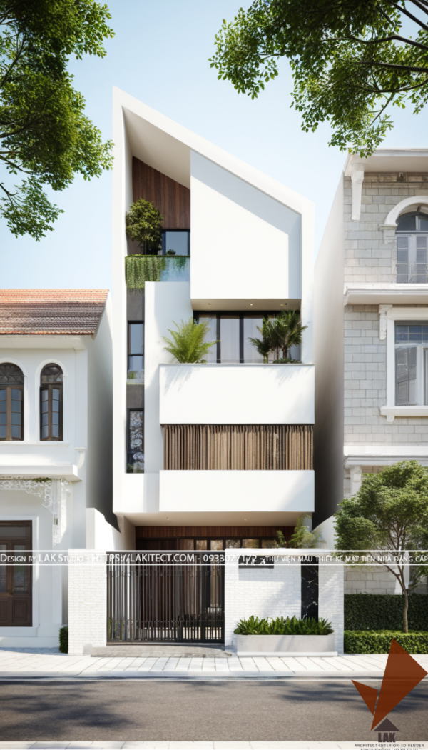 Thiết kế mặt tiền nhà phố 5m hiện đại đẹp, sang trọng ấn tượng với khối mái xéo, tỉ lệ vàng