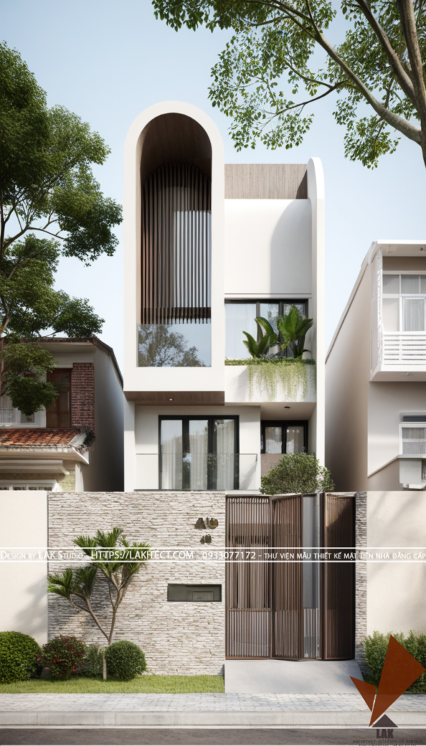 Thiết kế mặt tiền nhà phố 5m hiện đại đẹp, sang trọng ấn tượng với khối gọn gàng, cửa vòm tròn, khối tỉ lệ vàng