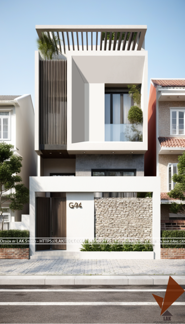 Thiết kế mặt tiền nhà phố 3 tầng 6m hiện đại mái bằng,hình khối hiện đại gọn gàng, sang trọng, tường vát cạnh