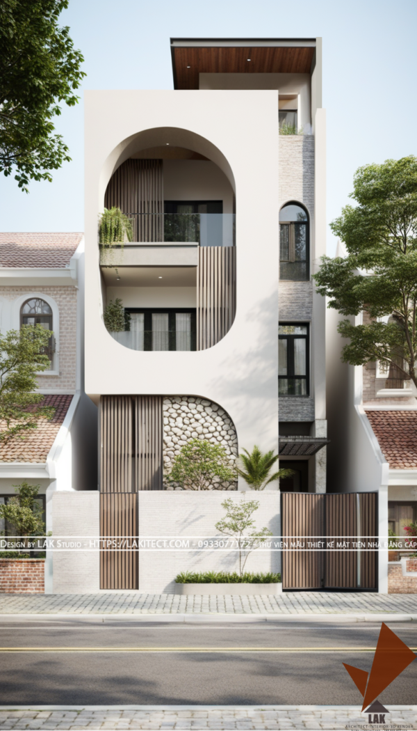 Thiết kế mặt tiền nhà phố 6m hiện đại đẹp, sang trọng ấn tượng với khối gọn gàng, cửa vòm tròn, khối tỉ lệ vàng