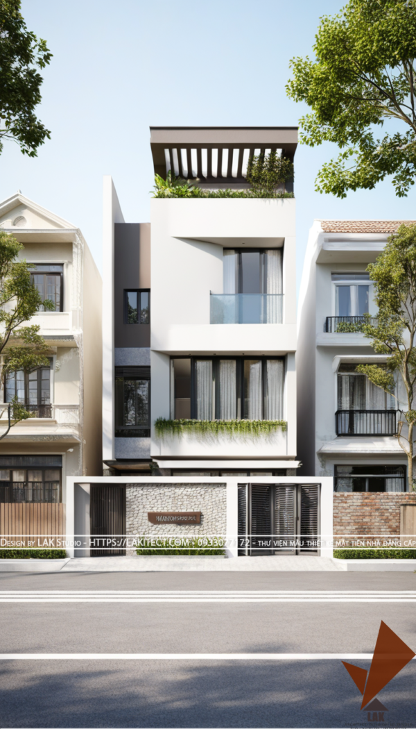 Thiết kế mặt tiền nhà phố 3 tầng 6m hiện đại mái bằng,hình khối hiện đại gọn gàng, sang trọng, tường vát cạnh