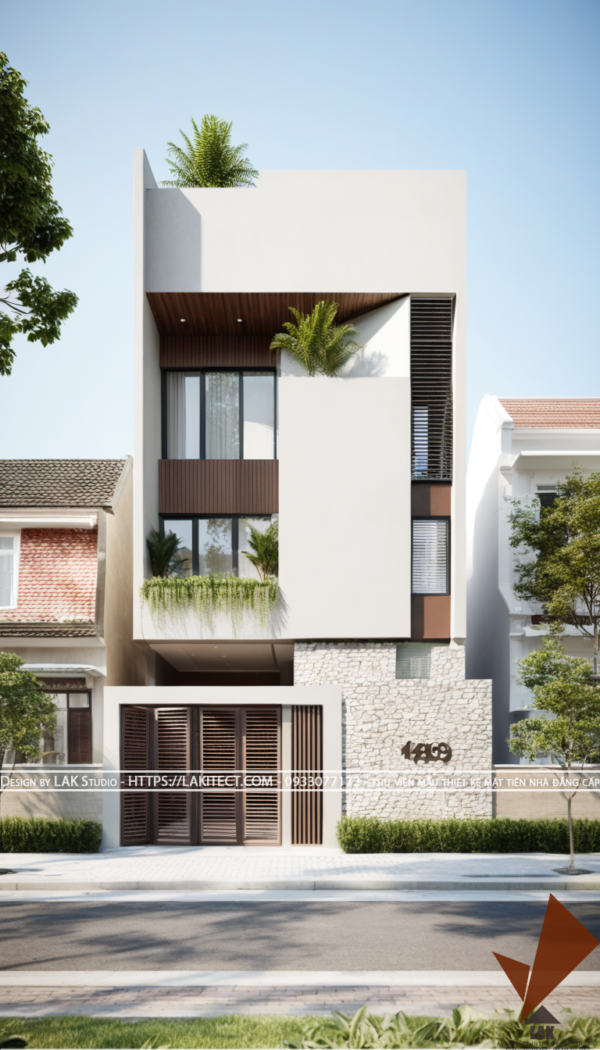 Thiết kế mặt tiền nhà phố 3 tầng 6m hiện đại mái bằng,hình khối hiện đại gọn gàng, sang trọng, gạch beton nhấn