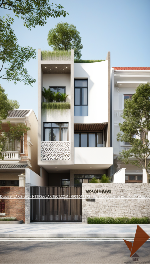 Thiết kế mặt tiền nhà phố 6m hiện đại đẹp, sang trọng ấn tượng với khối gọn gàng, tường bo góc, khối tỉ lệ vàng