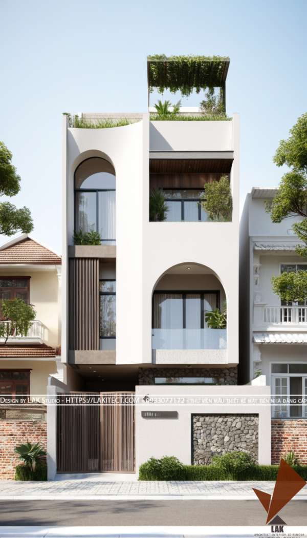 Thiết kế mặt tiền nhà phố 6m hiện đại đẹp, sang trọng ấn tượng với khối gọn gàng, cửa vòm tròn, khối tỉ lệ vàng