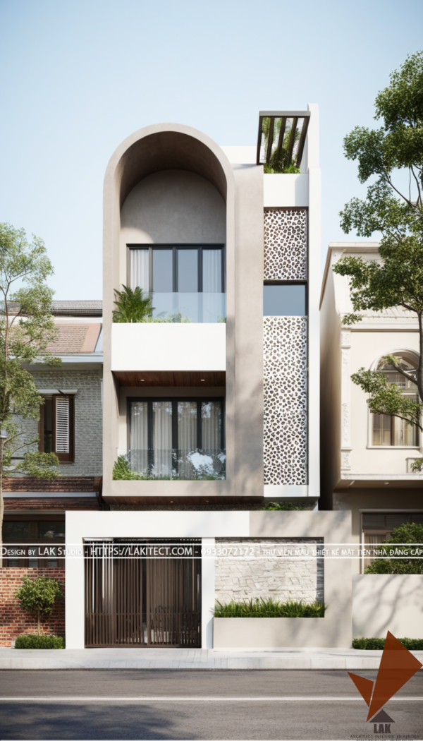 Thiết kế mặt tiền nhà phố 6m hiện đại đẹp, sang trọng ấn tượng với khối gọn gàng, cửa vòm tròn, khối tỉ lệ vàng
