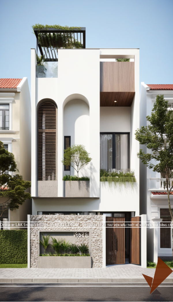 Thiết kế mặt tiền nhà phố 6m hiện đại đẹp, sang trọng ấn tượng với khối gọn gàng, cửa vòm tròn