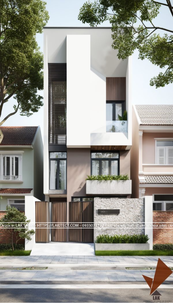 Thiết kế mặt tiền nhà phố 3 tầng 4.5m hiện đại mái bằng,hình khối hiện đại gọn gàng, sang trọng, gạch beton nhấn