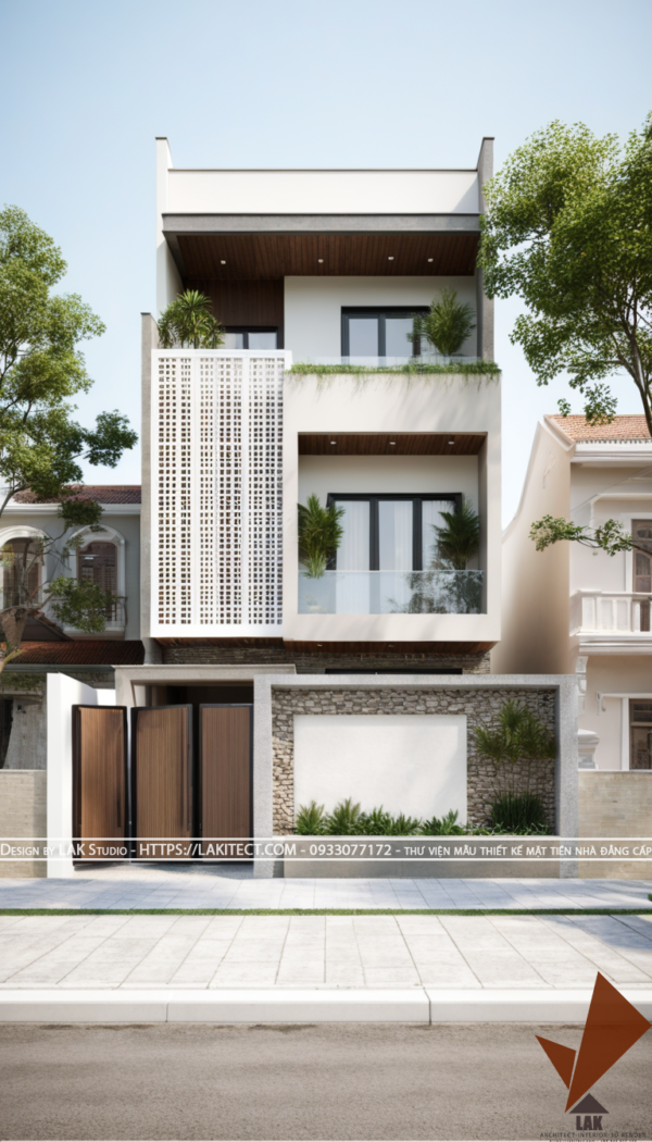 Thiết kế mặt tiền nhà phố 6m hiện đại đẹp, sang trọng ấn tượng với khối gọn gàng, chuẩn tỉ lệ vàng, cửa thông gió thông minh
