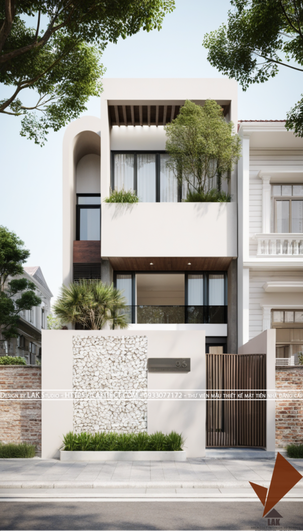 Thiết kế mặt tiền nhà phố 6m hiện đại đẹp, sang trọng ấn tượng với khối gọn gàng, cửa vòm tròn