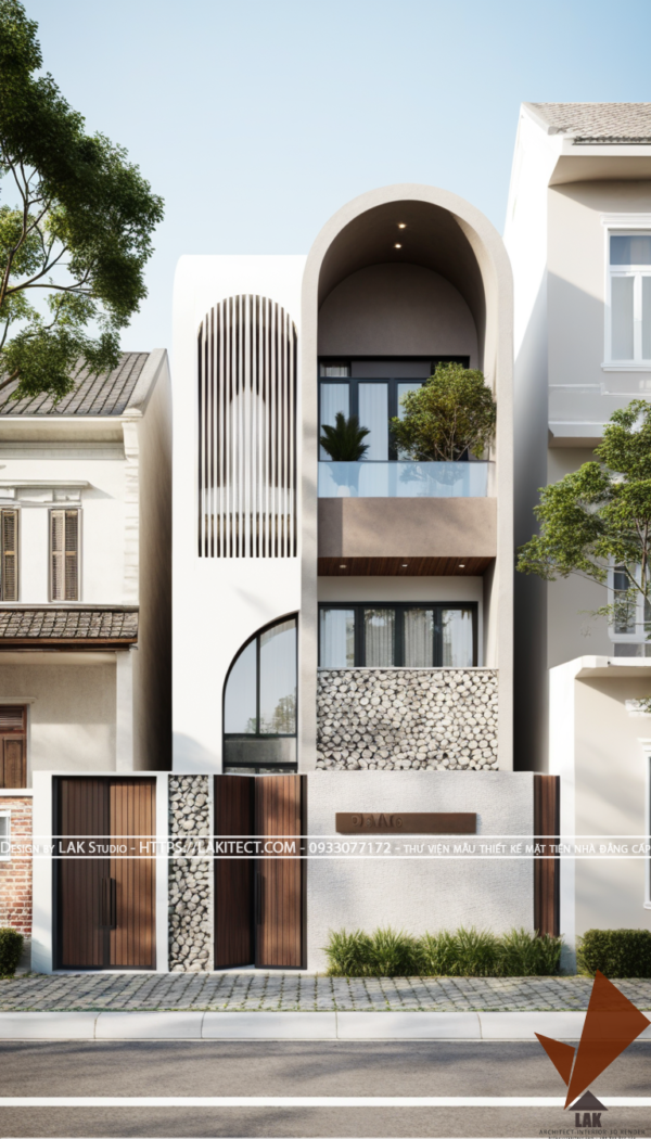 Thiết kế mặt tiền nhà phố 6m hiện đại đẹp, sang trọng ấn tượng với khối gọn gàng, cửa vòm tròn, khối tỉ lệ vàng