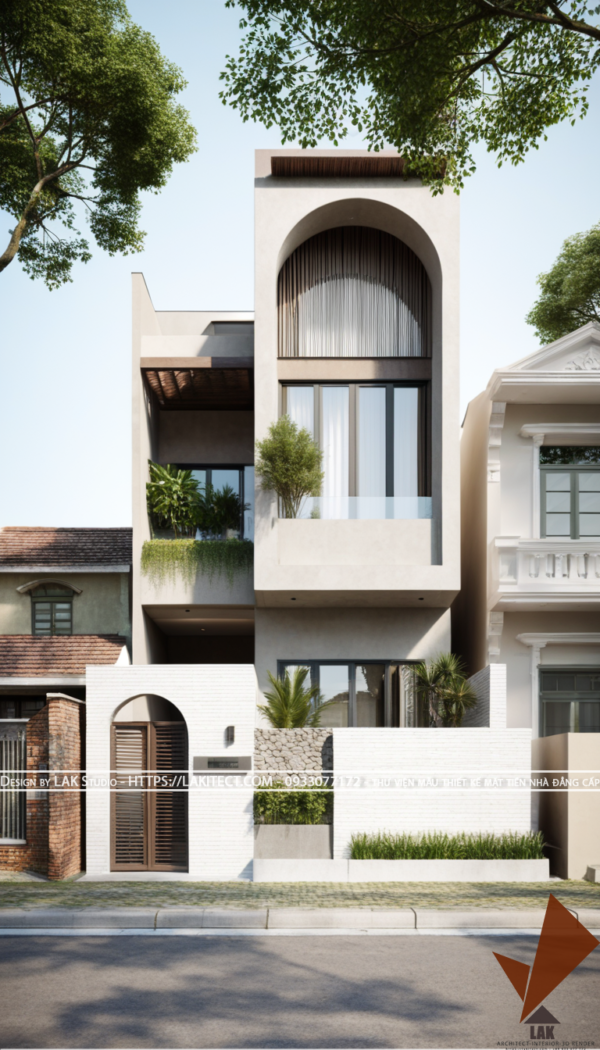 Thiết kế mặt tiền nhà phố 6m hiện đại đẹp, sang trọng ấn tượng với khối gọn gàng, cửa vòm tròn, khối tỉ lệ vàng