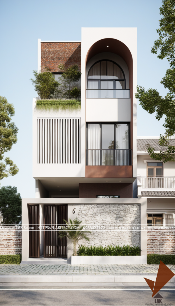 Thiết kế mặt tiền nhà phố 6m hiện đại đẹp, sang trọng ấn tượng với khối gọn gàng, cửa vòm tròn