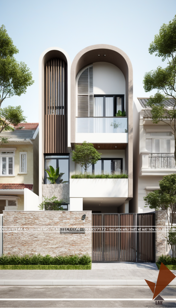 Thiết kế mặt tiền nhà phố 6m hiện đại đẹp, sang trọng ấn tượng với khối gọn gàng, cửa vòm tròn, lam dọc gỗ