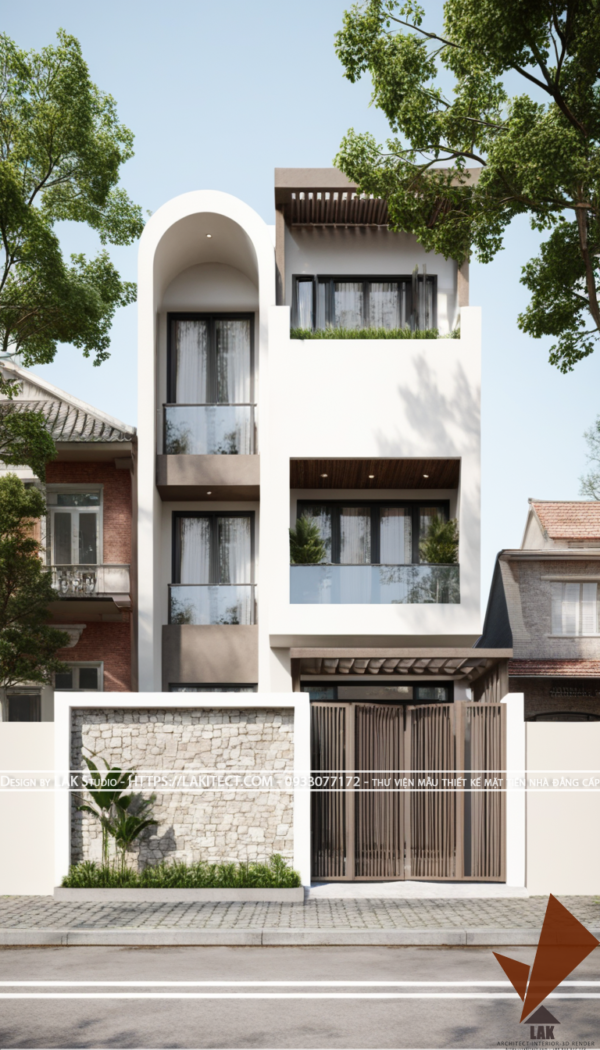 Thiết kế mặt tiền nhà phố 6m hiện đại đẹp, sang trọng ấn tượng với khối gọn gàng, cửa vòm tròn
