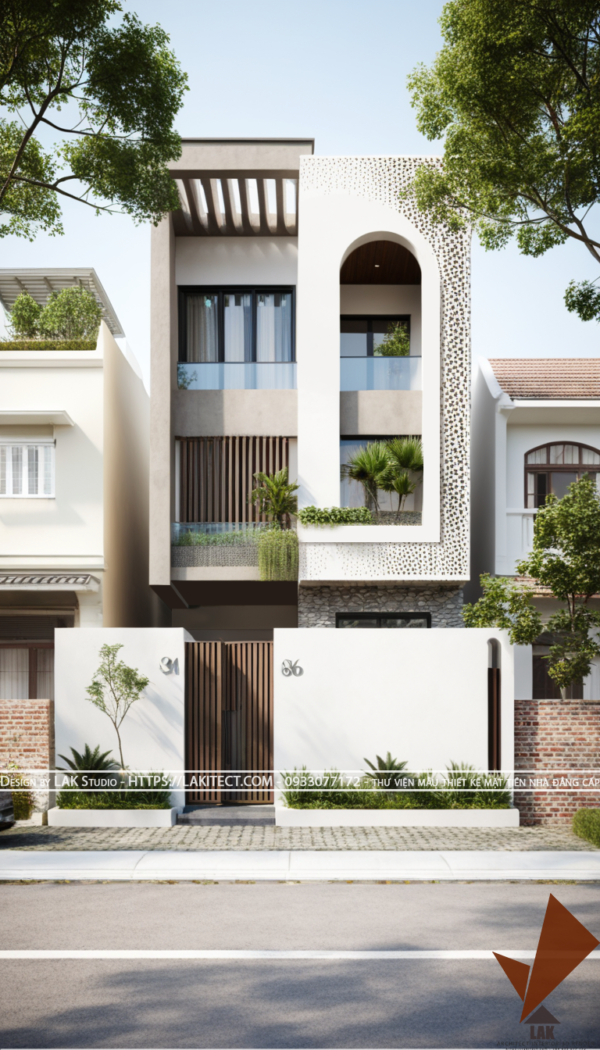 Thiết kế mặt tiền nhà phố 6m hiện đại đẹp, sang trọng ấn tượng với khối gọn gàng, cửa vòm tròn