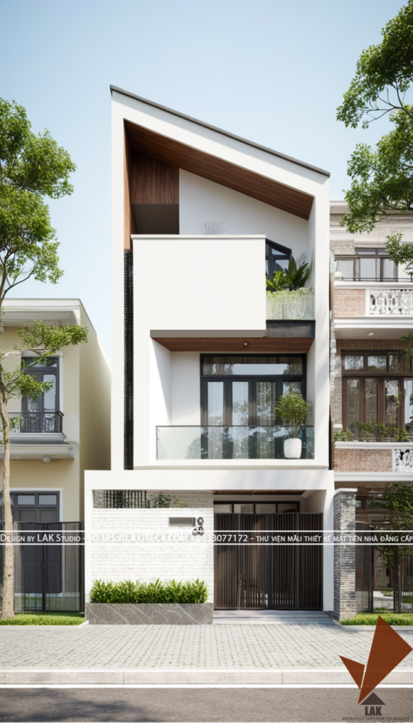 Thiết kế mặt tiền nhà phố 6m hiện đại đẹp, sang trọng ấn tượng với khối mái xéo, tỉ lệ vàng