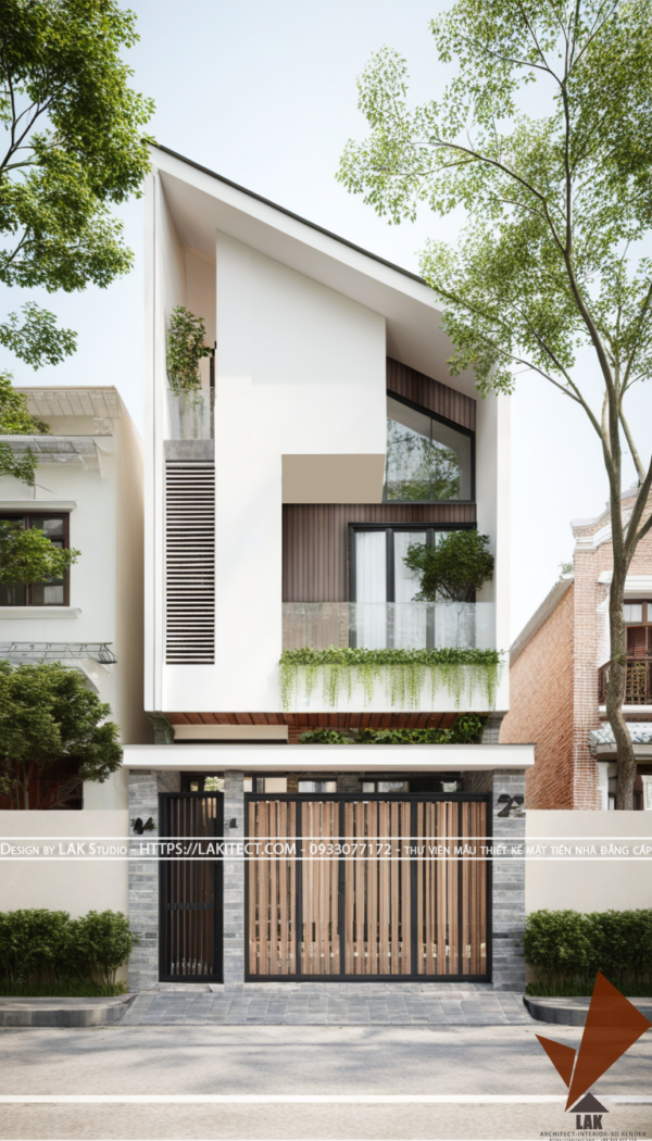 Thiết kế mặt tiền nhà phố 6m hiện đại đẹp, sang trọng ấn tượng với khối mái xéo, tỉ lệ vàng