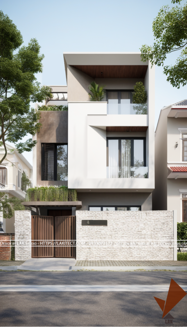 Thiết kế mặt tiền nhà phố 7m hiện đại ấn tượng, khối vát cạnh, tỉ lệ vàng